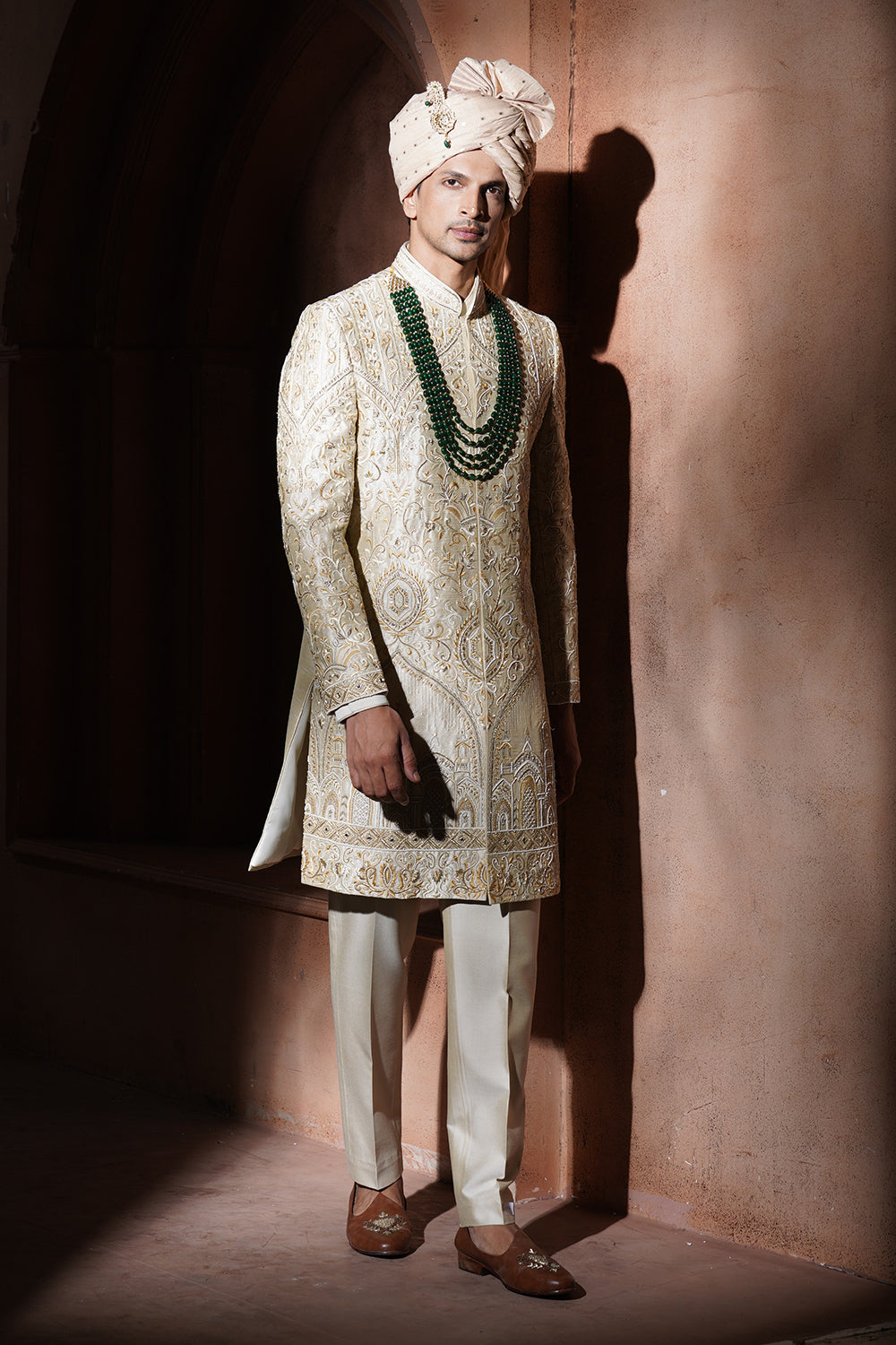 Cream Hand Embroidered Sherwani