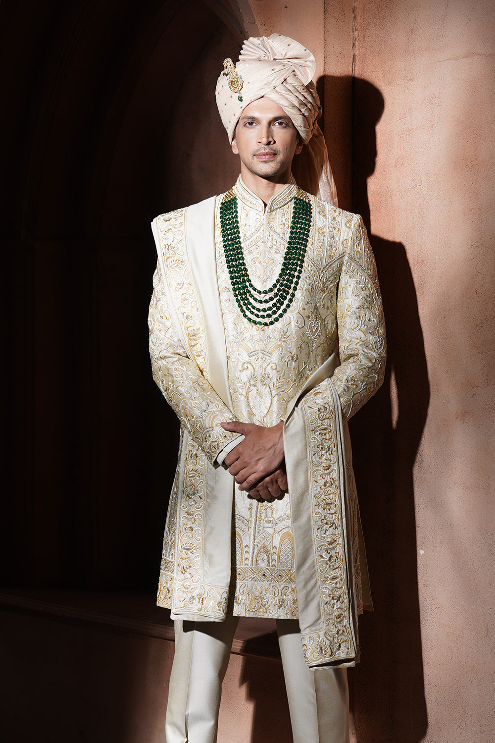 Cream Hand Embroidered Sherwani