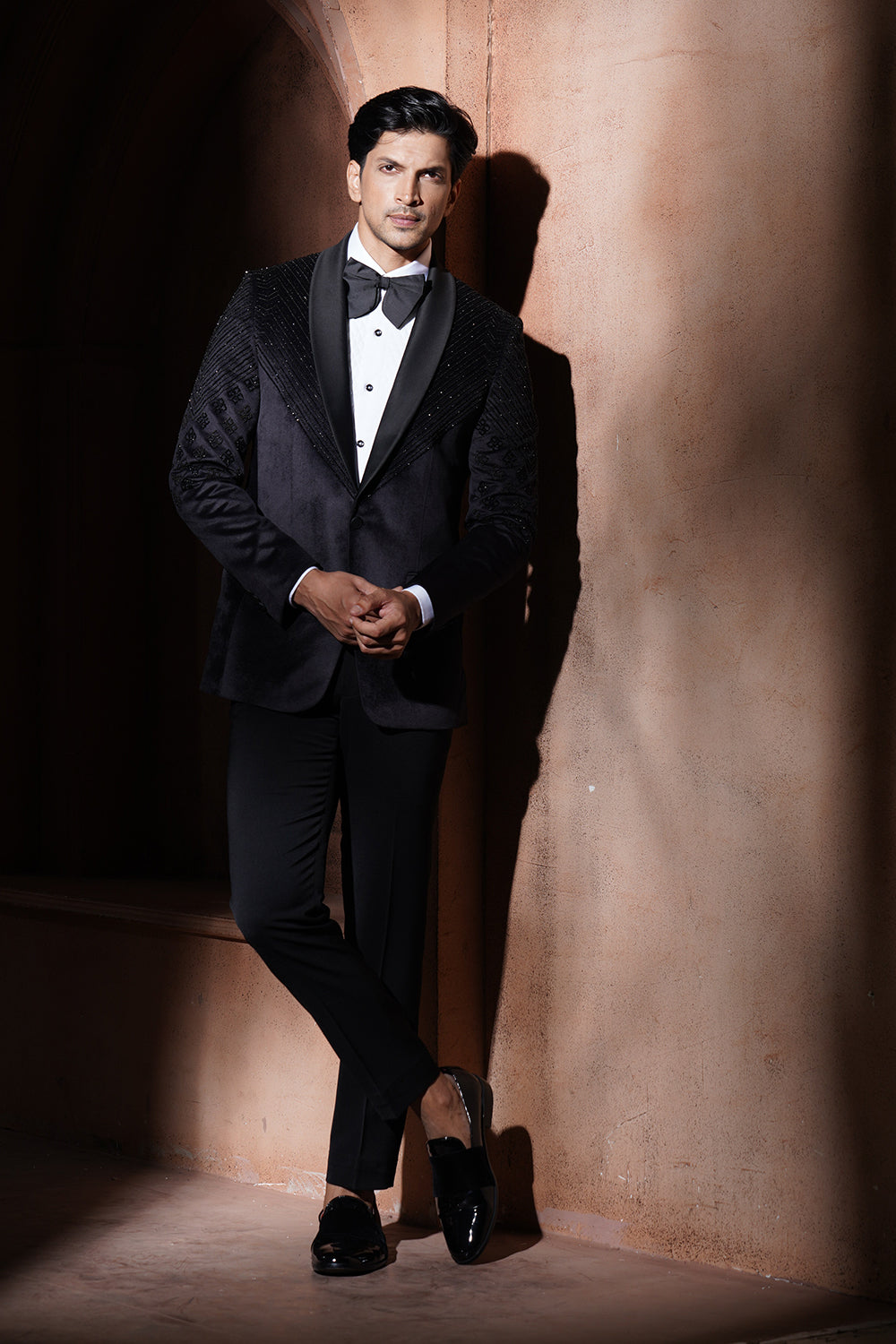 Black Tuxedo With Embroidery On Sholders And Half Sleeves