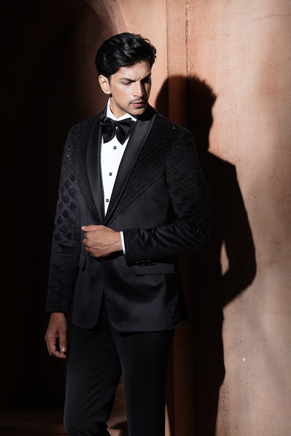 Black Tuxedo With Embroidery On Sholders And Half Sleeves