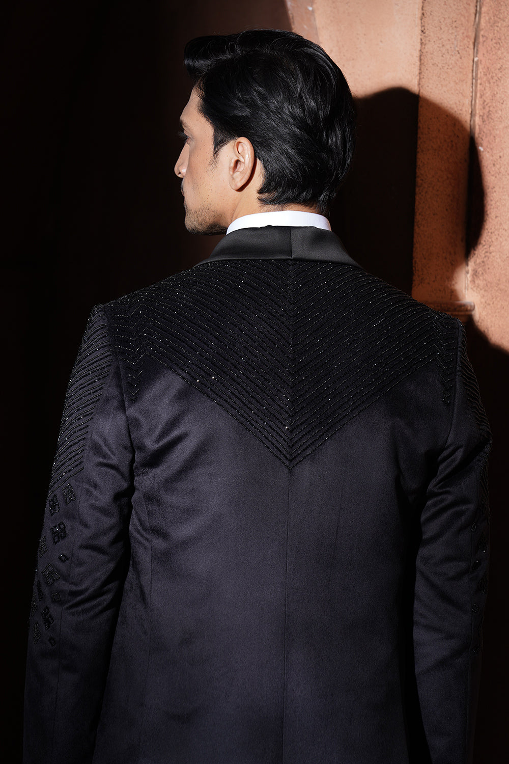 Black Tuxedo With Embroidery On Sholders And Half Sleeves