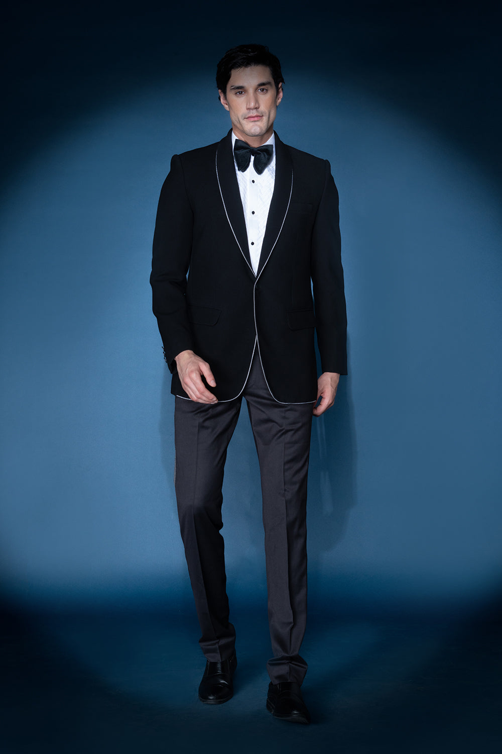Black Velvet Tuxedo With Embellished Lapel Piping