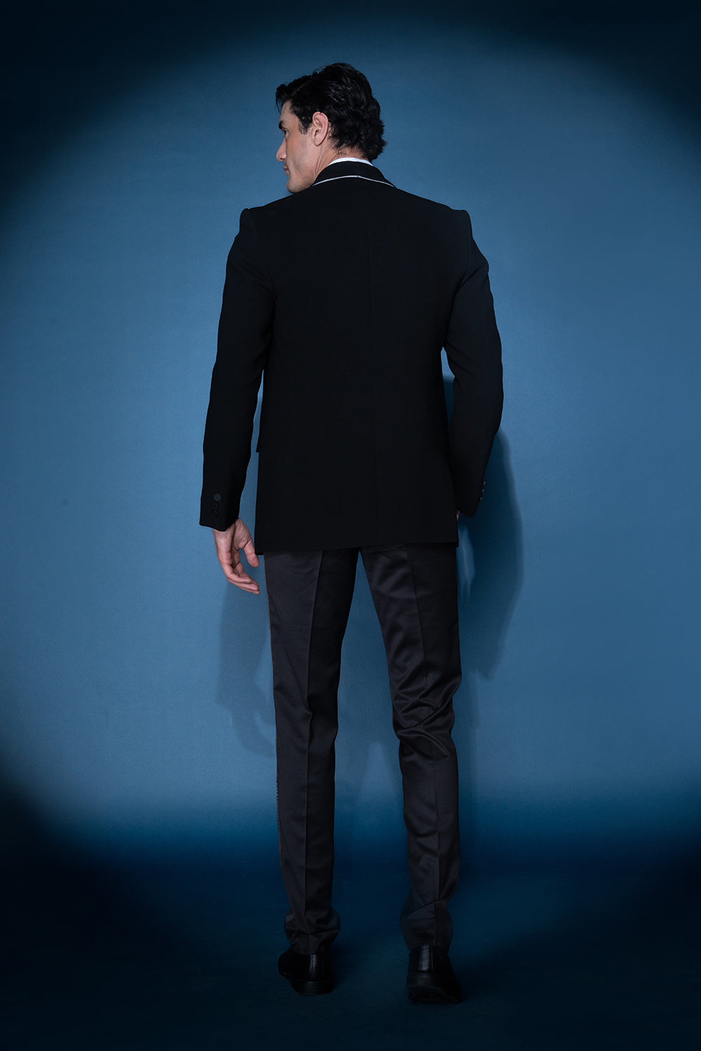 Black Velvet Tuxedo With Embellished Lapel Piping