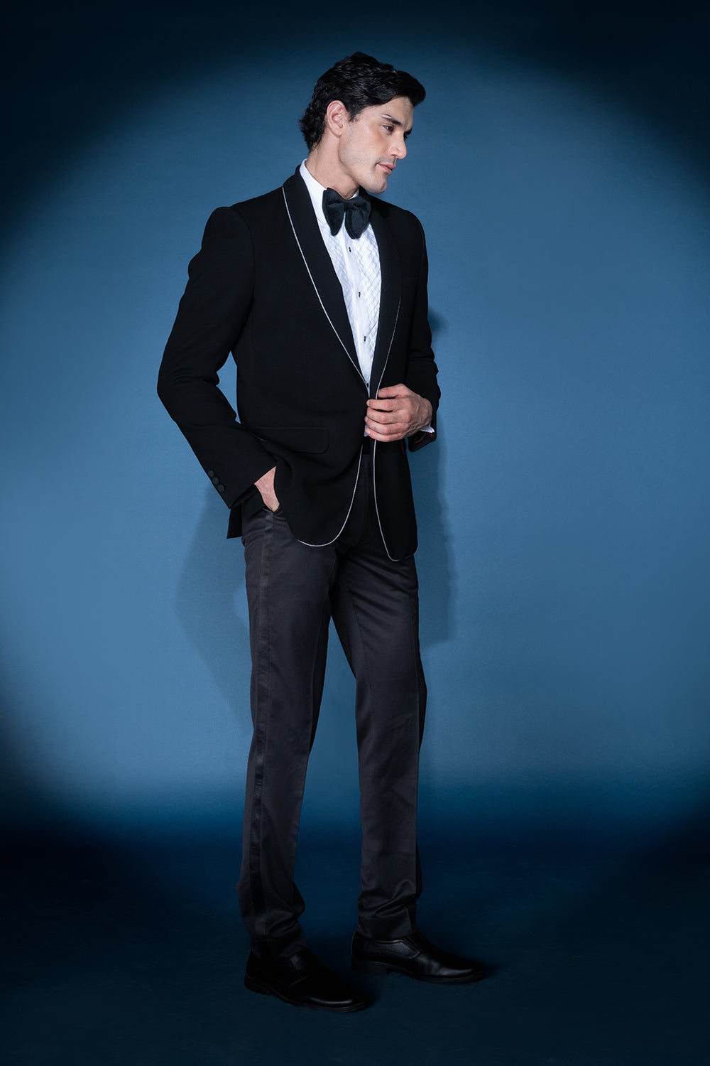 Black Velvet Tuxedo With Embellished Lapel Piping