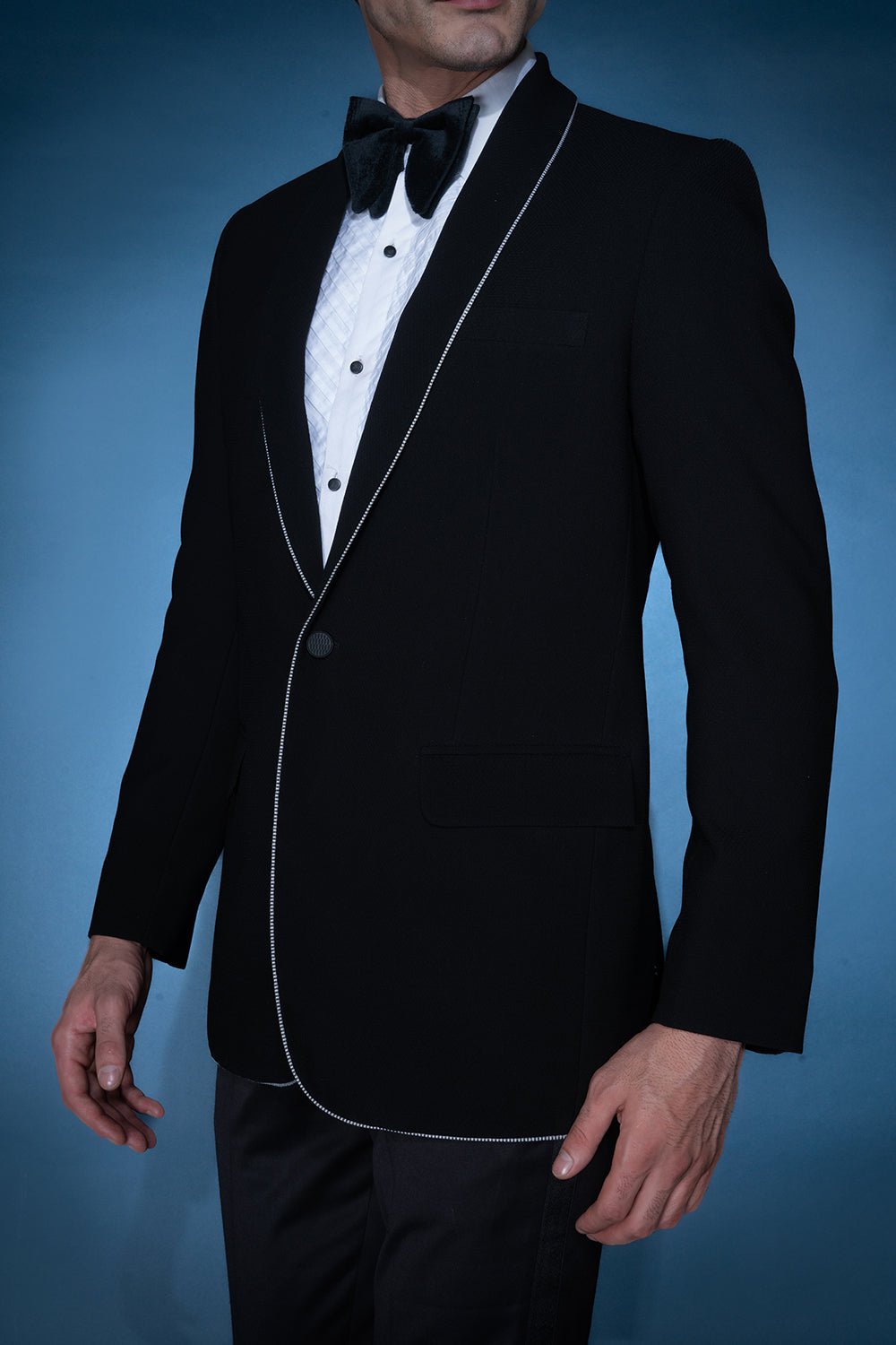 Black Velvet Tuxedo With Embellished Lapel Piping