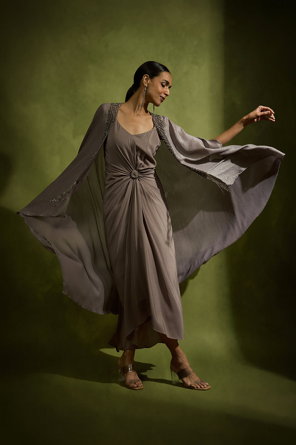 Sculpted Knot Dress with An Embossed Cape