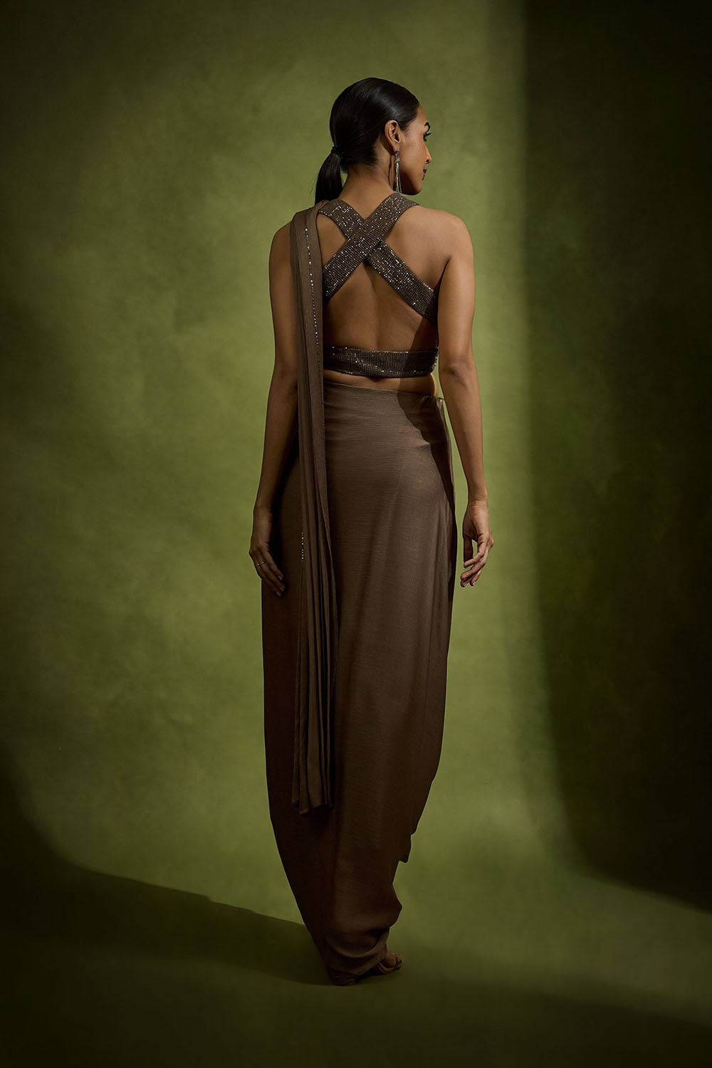 Draped Cowl Saree Set In Umber Brown