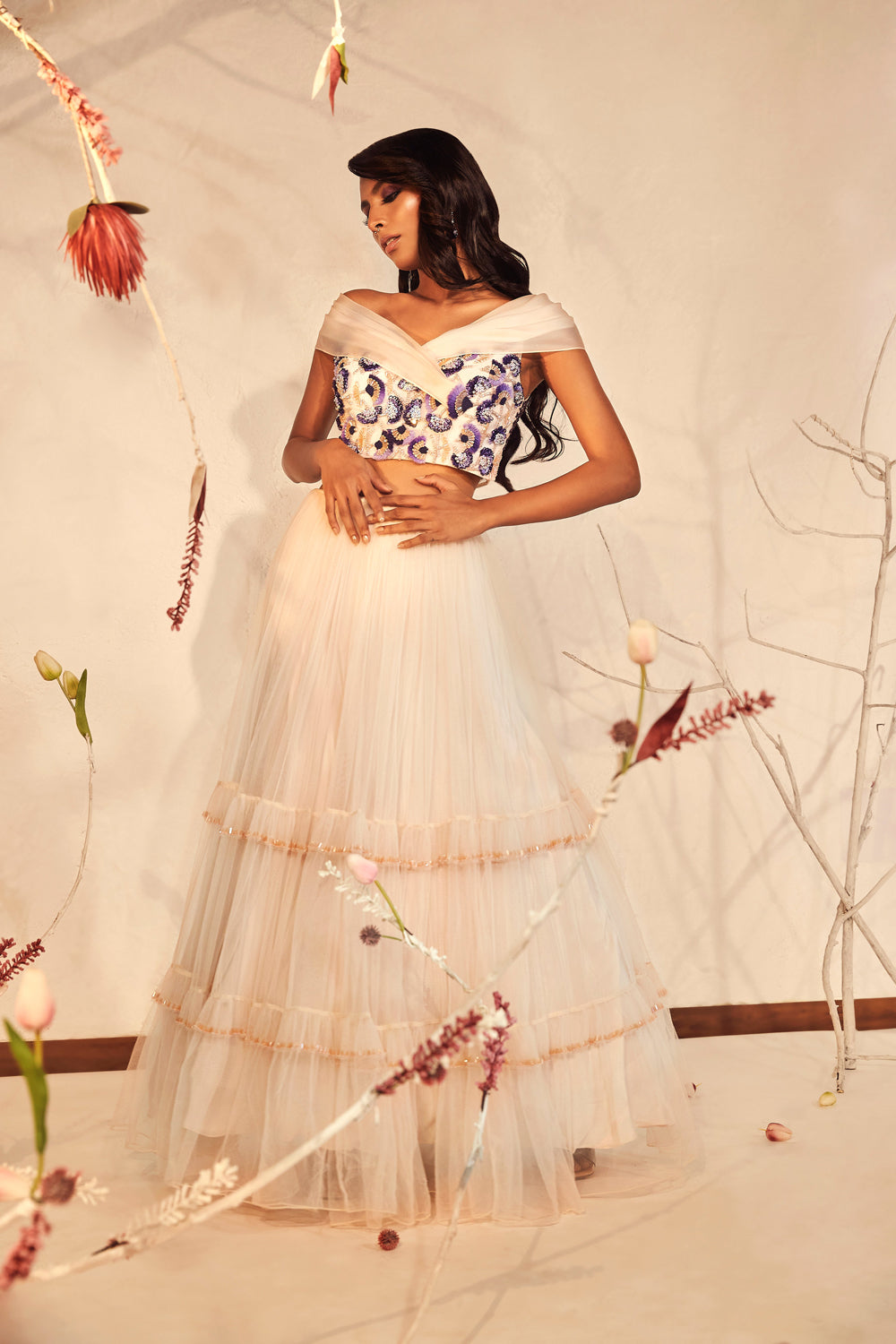 Ivory Off Shoulder Lehenga