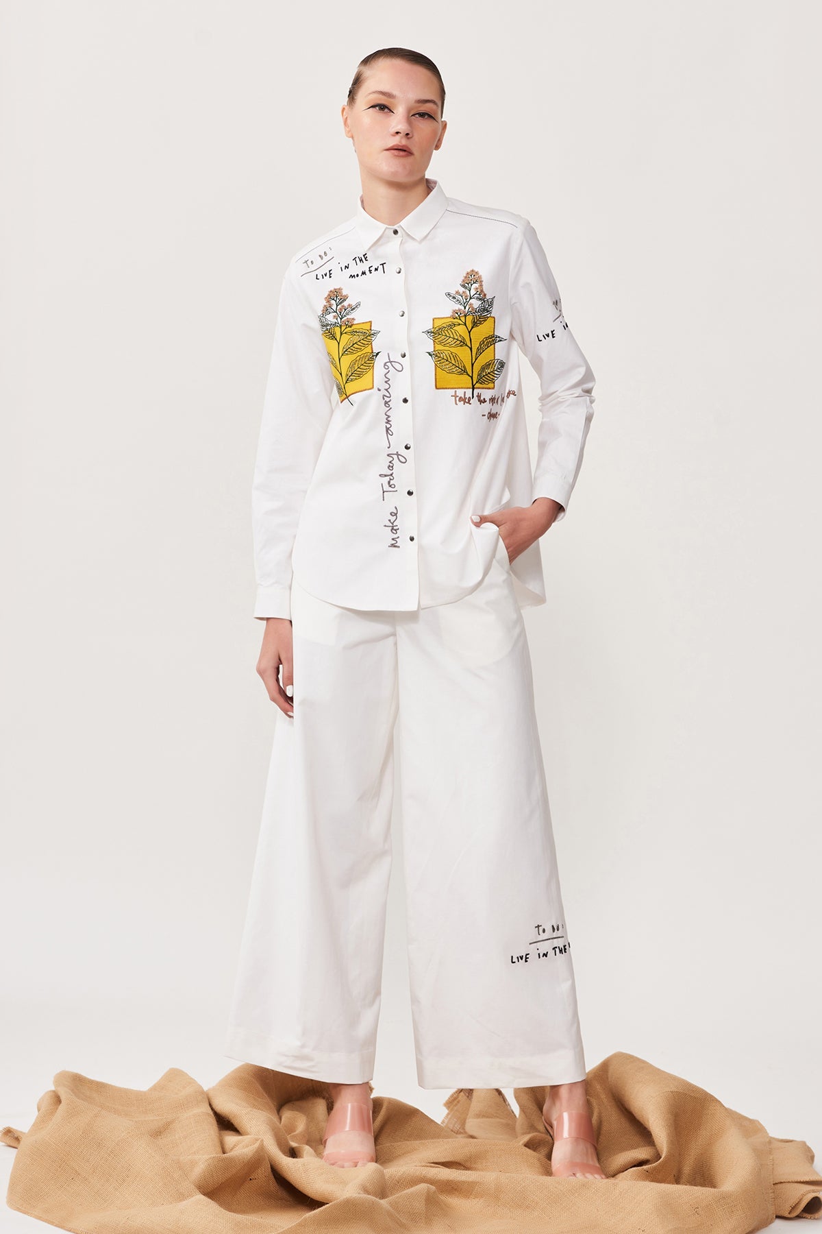 Leaves Patch High Low Shirt With Flared Pant