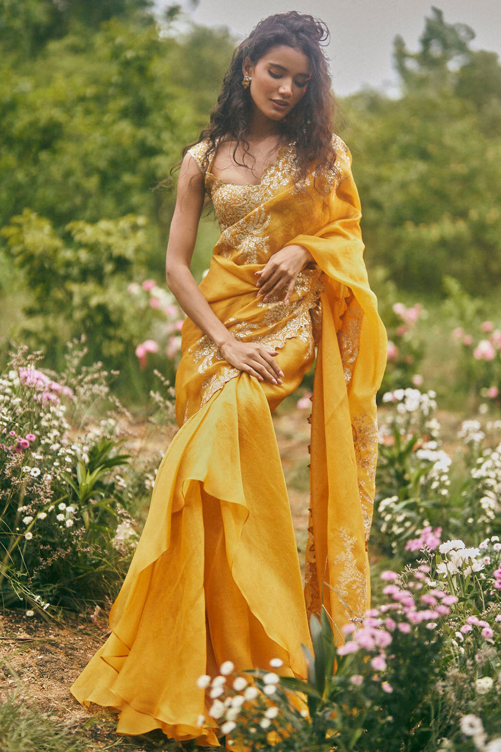 Aari Work Ruffle Saree Set