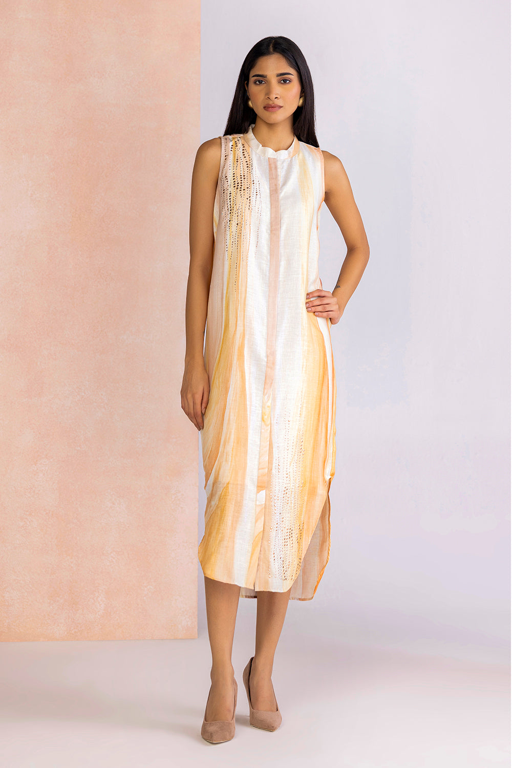 Printed with gold studs metallic accent roots dress byKaveri