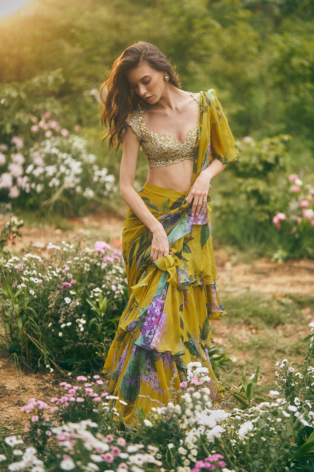 Akhila Printed Ruffle Saree Set