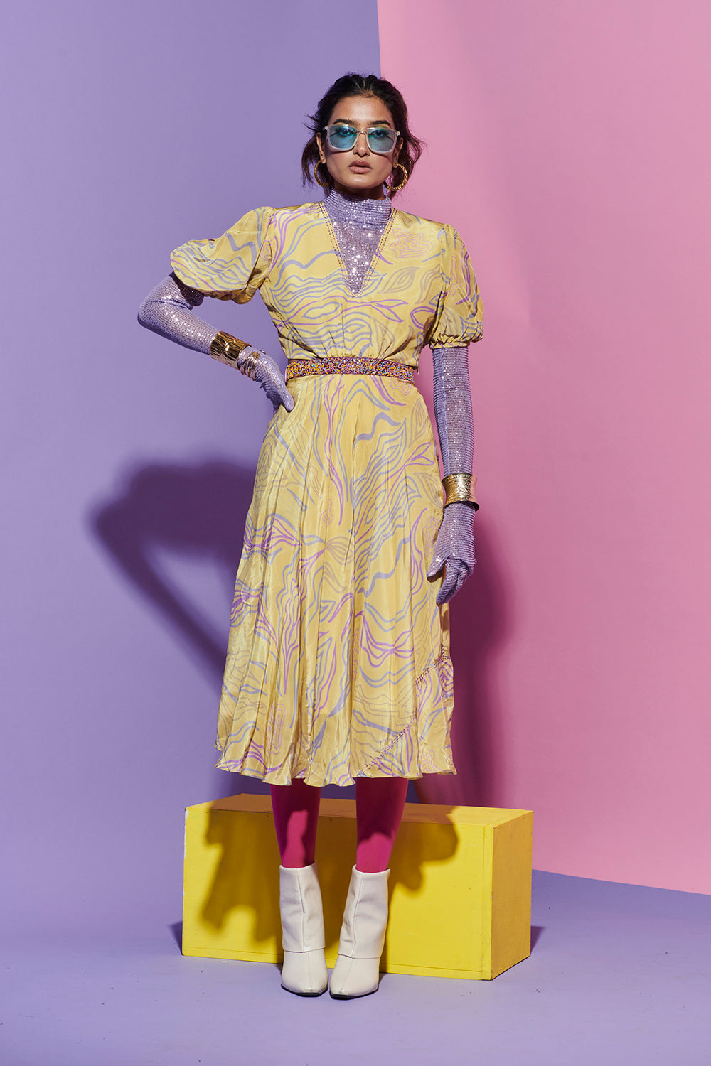 Amoeba Print Maxi Dress with cutwork