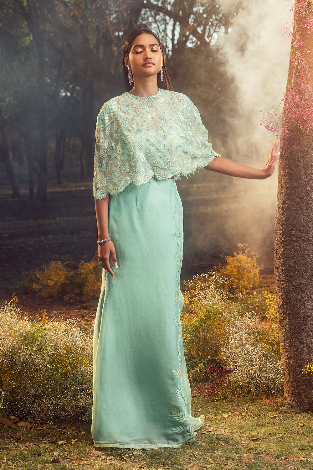 Aqua Blue And Green Skirt With Cape And Bustier