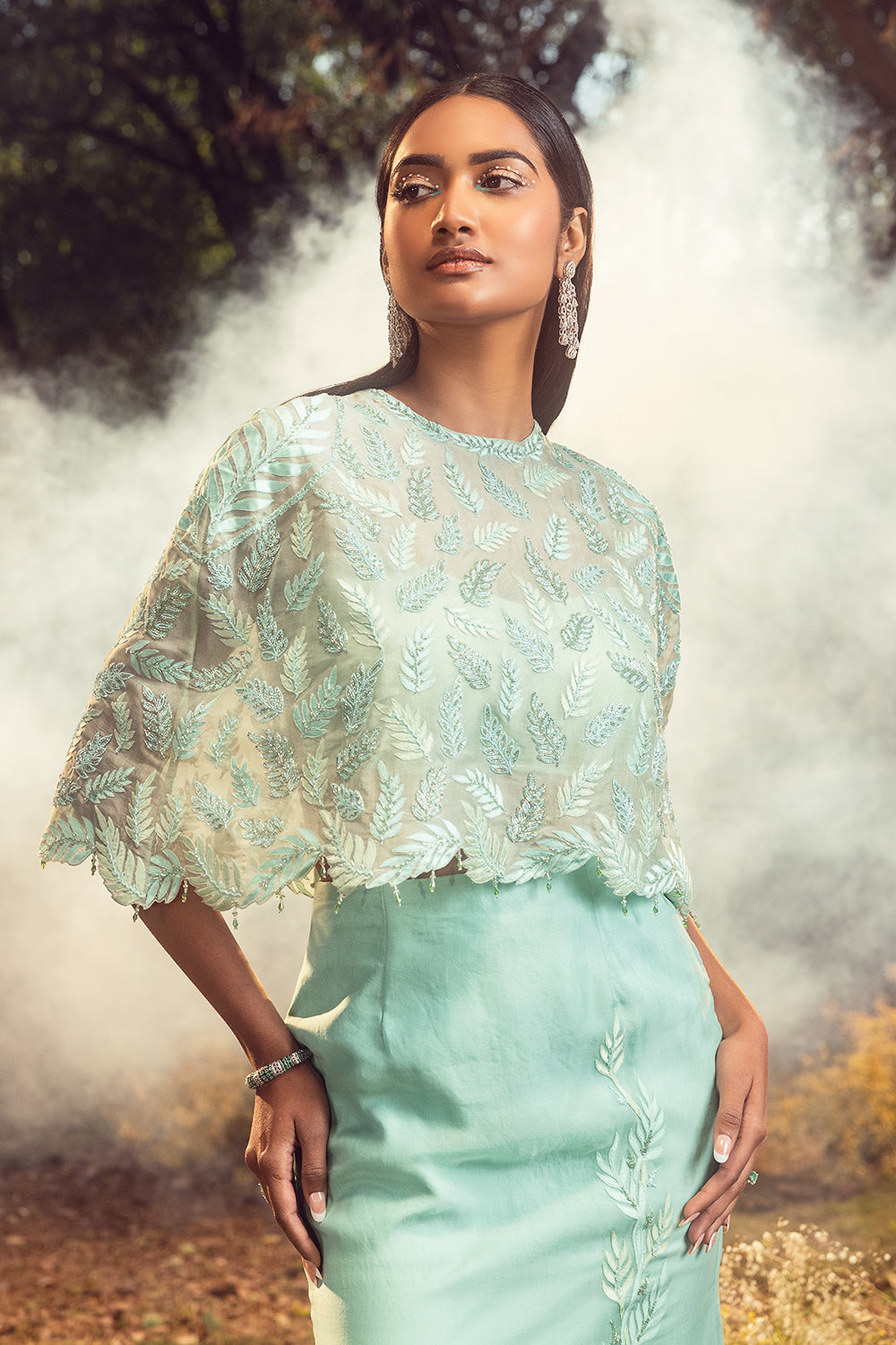 Aqua Blue And Green Skirt With Cape And Bustier
