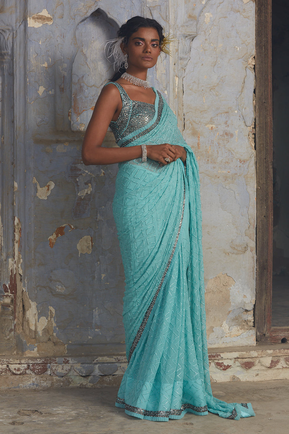 Aqua Blue Chiffon Saree