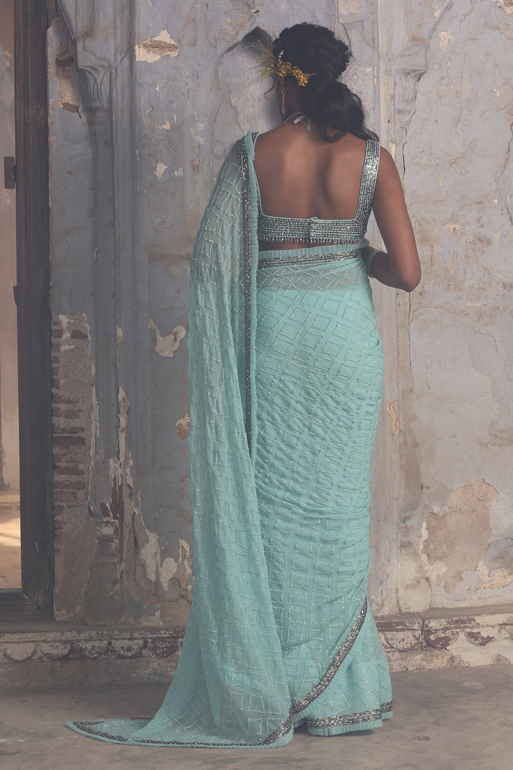 Aqua Blue Chiffon Saree