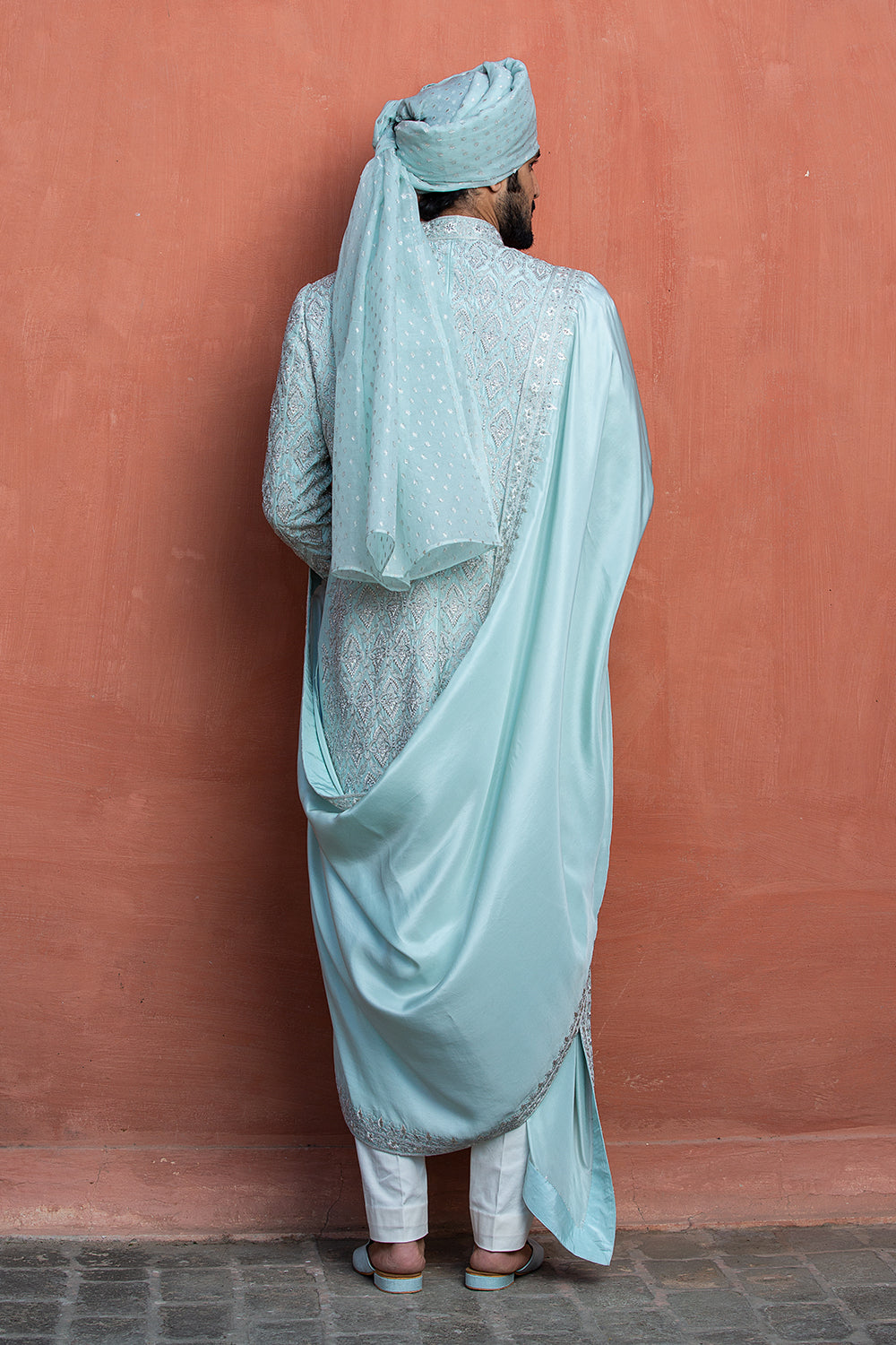 Aqua Blue Dupion Silk Embroidered Achkan With Monga Kurta And Pant