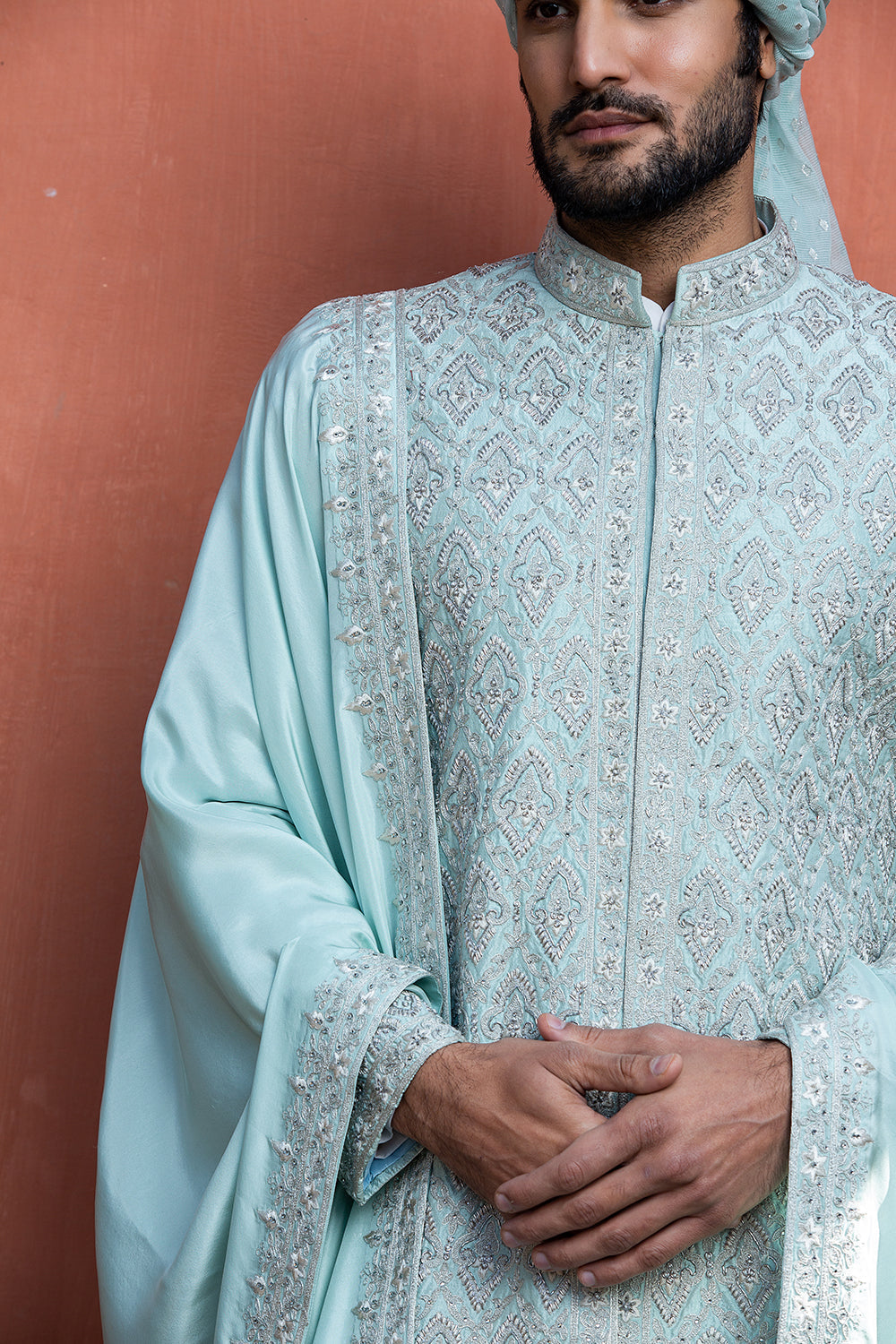 Aqua Blue Dupion Silk Embroidered Achkan With Monga Kurta And Pant