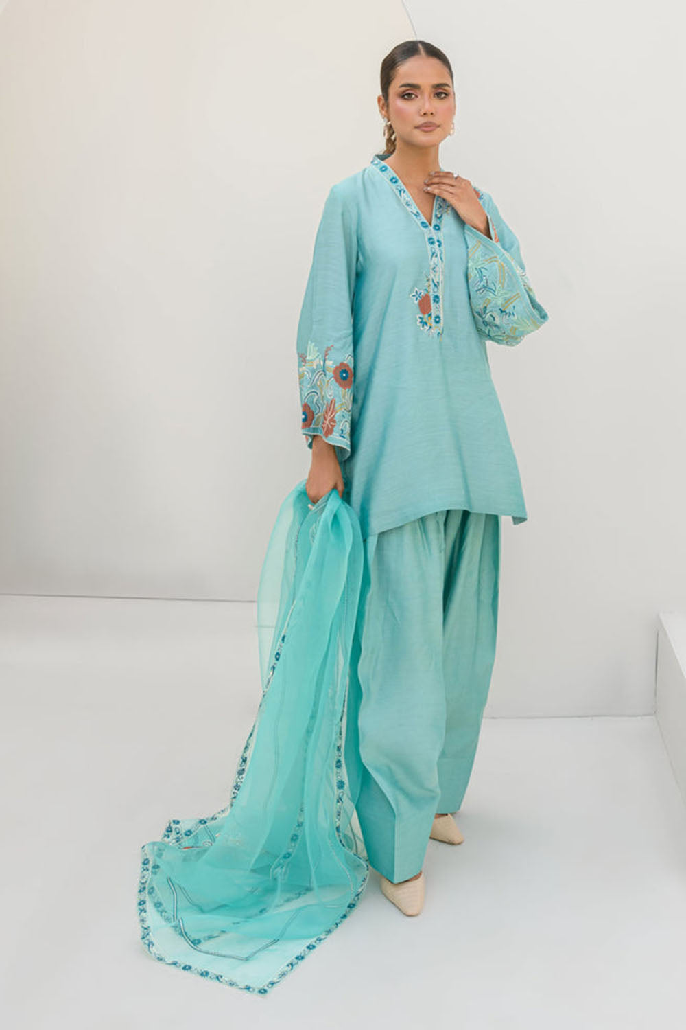 Aqua Blue Embroidered Cotton Kurta Farshi Salwar Set with Dupatta