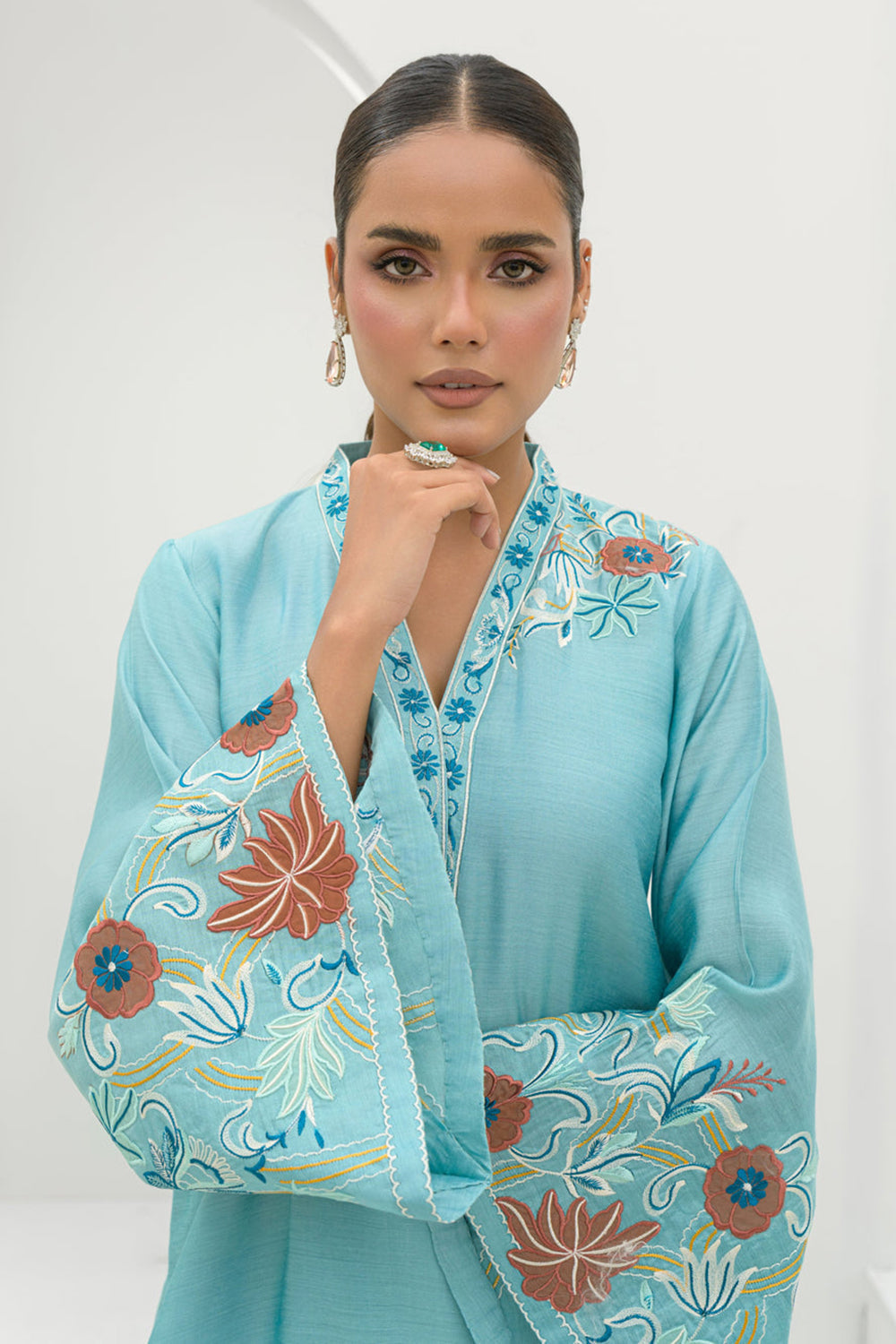 Aqua Blue Embroidered Cotton Kurta Farshi Salwar Set with Dupatta