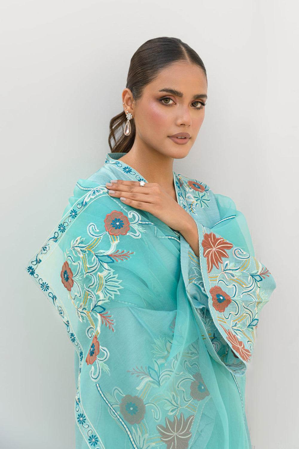 Aqua Blue Embroidered Cotton Kurta Farshi Salwar Set with Dupatta