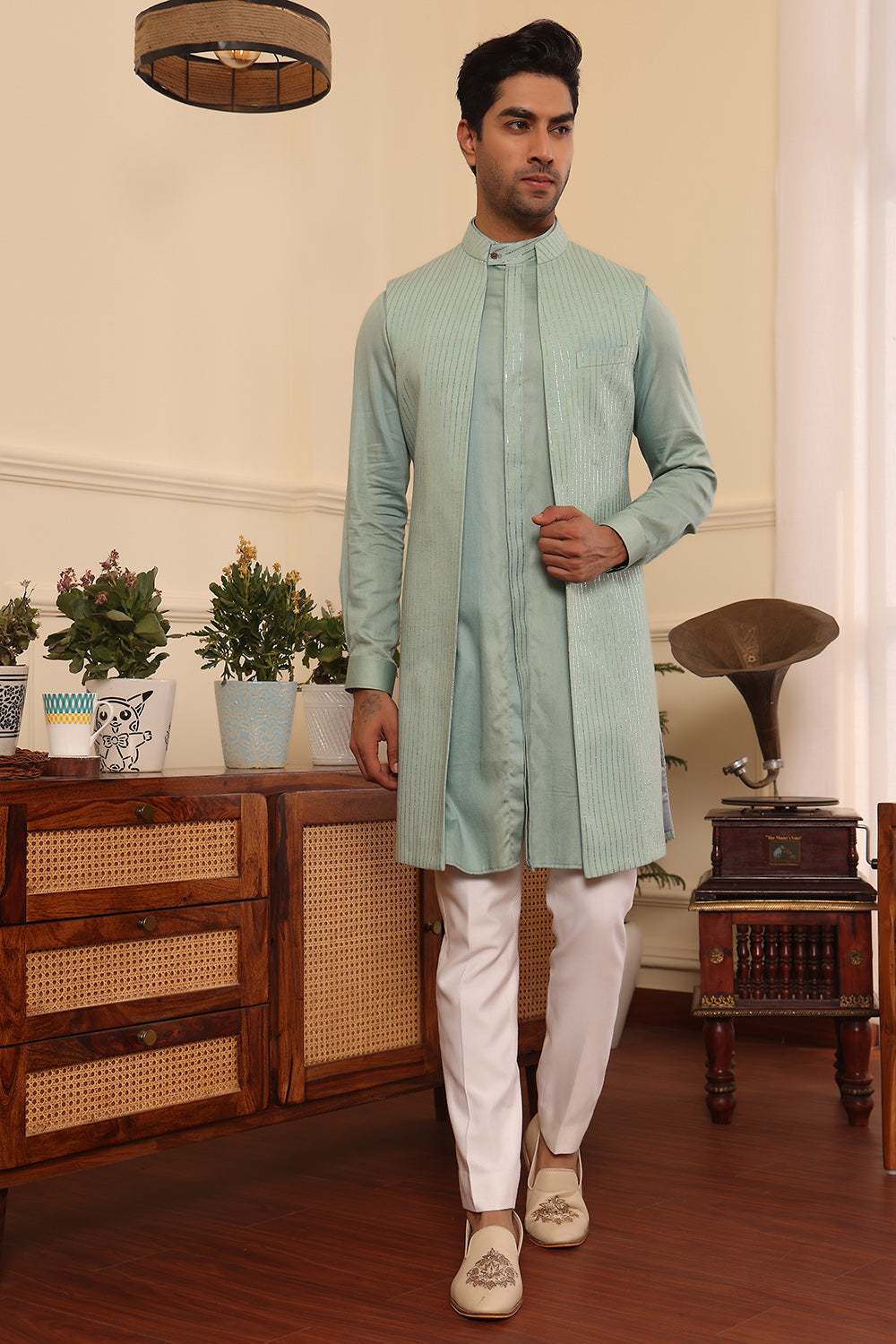 Aqua green colour kurta pants with shrug jacket