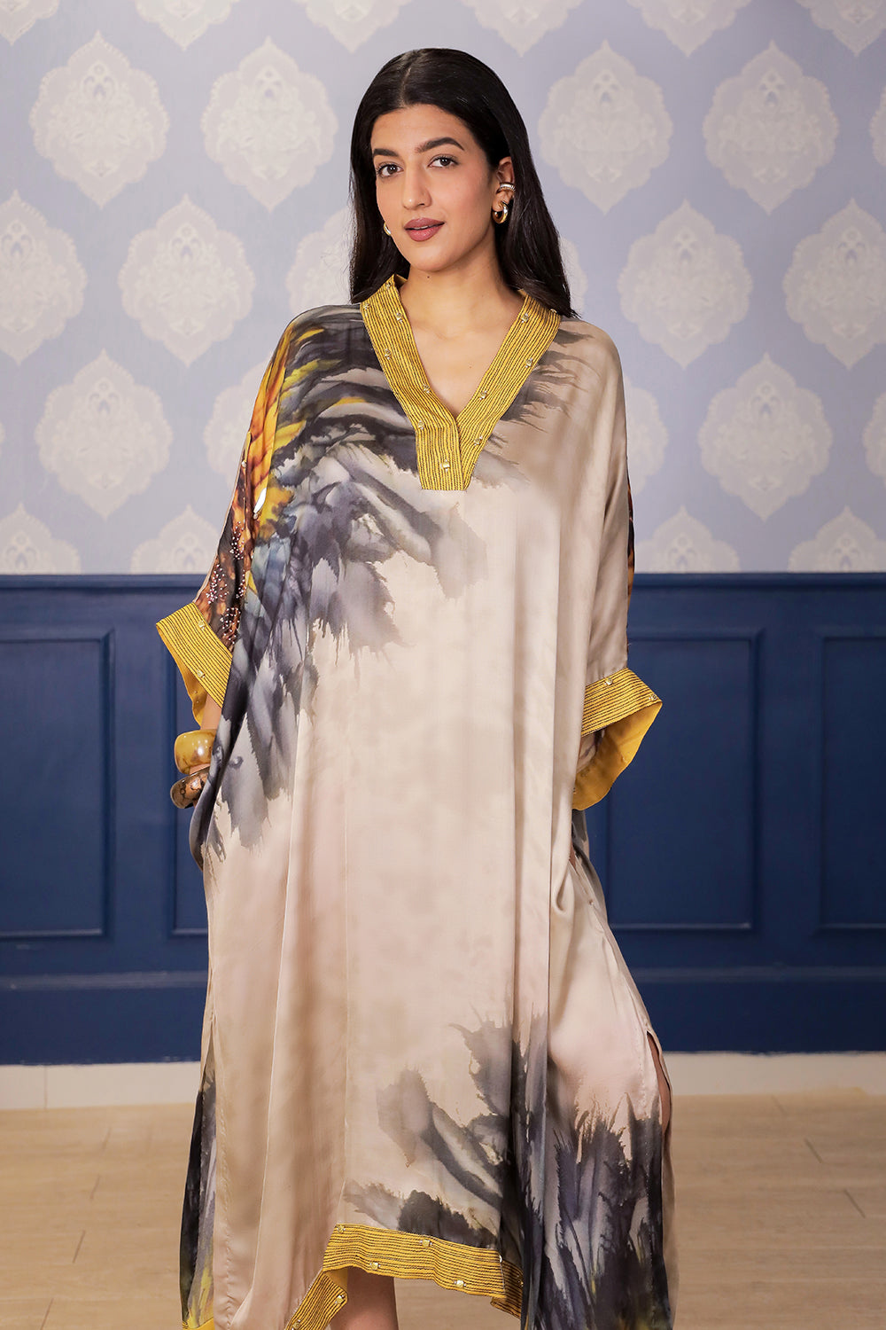 Asymmetric Beige Satin Dress with Yellow Accents & Side Slit