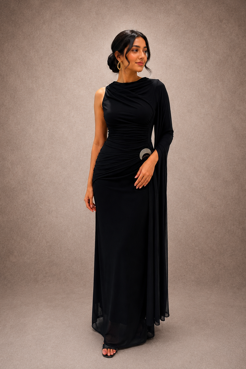 Asymmetrical Draped Black Gown