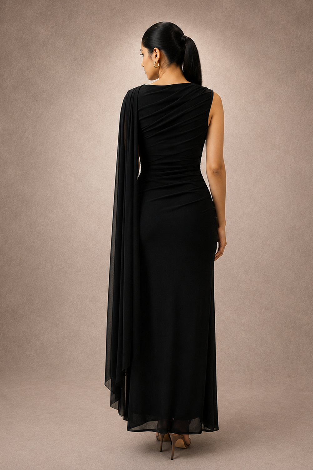 Asymmetrical Draped Black Gown