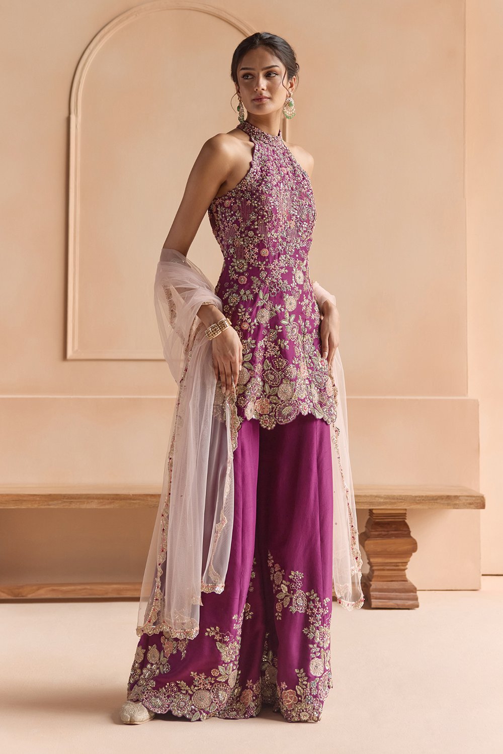 Aubergine Embroidered Sharara Set