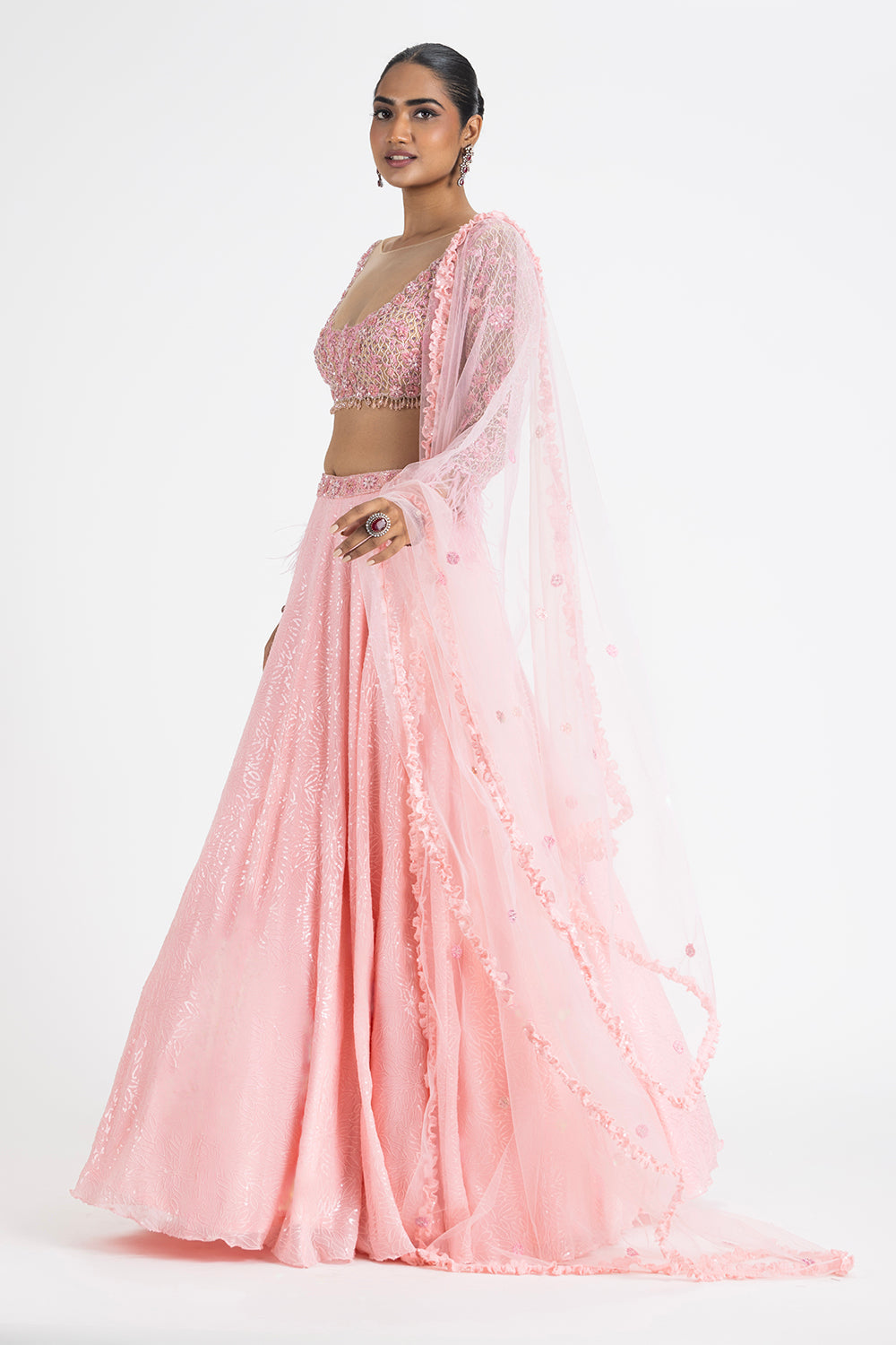 Baby Pink Embroidered Georgette Lehenga Set