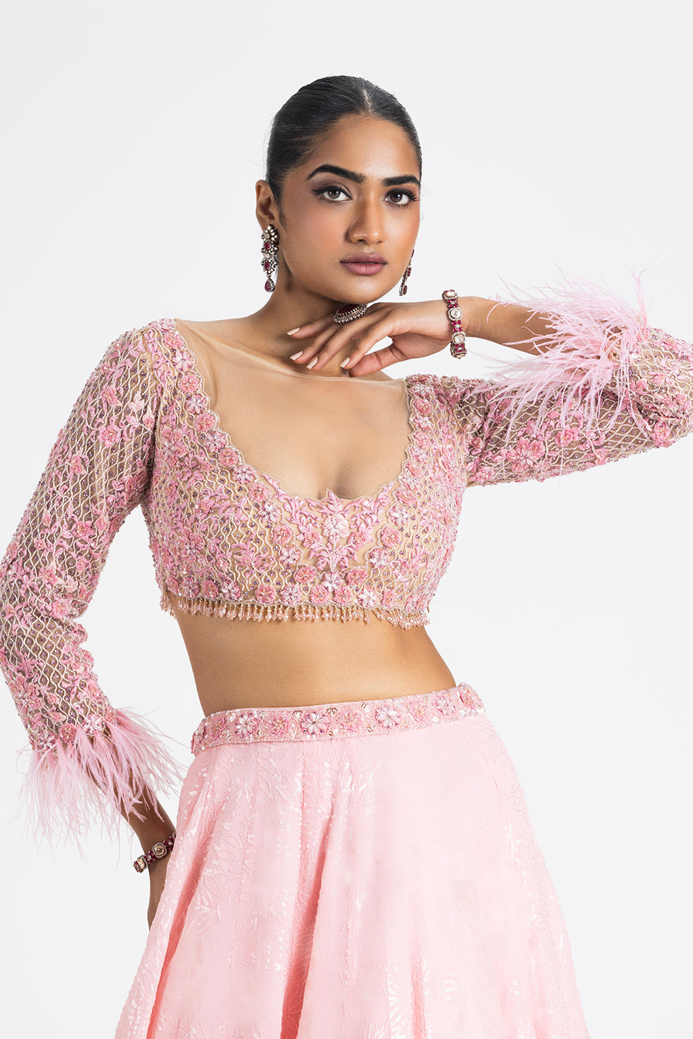 Baby Pink Embroidered Georgette Lehenga Set