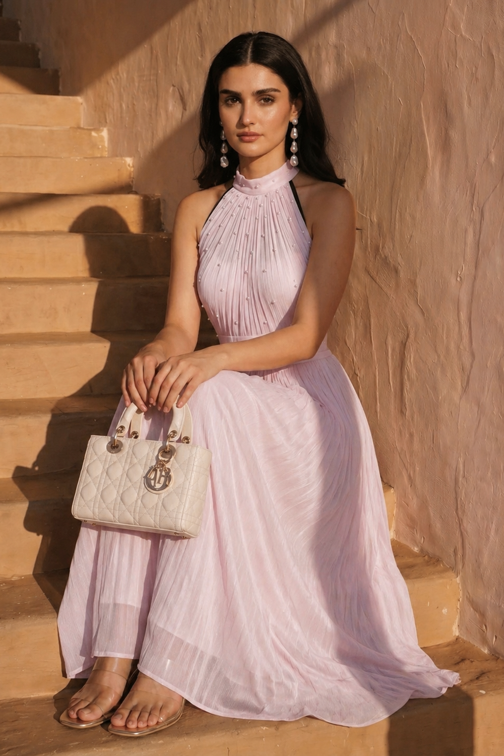 Baby Pink Pleated Maxi Gown