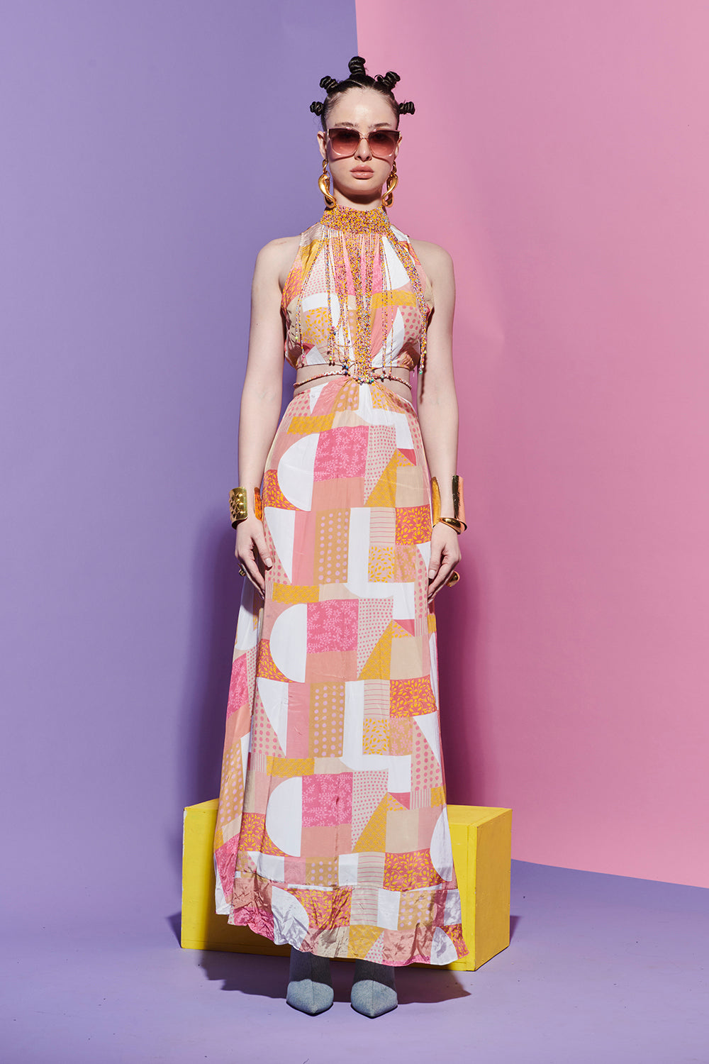 Beaded halter dress in geometric print