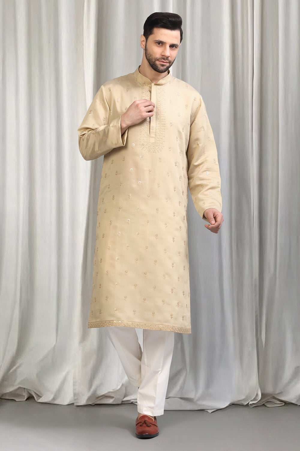 Beige Buta  Embroidered Kurta With Back Elastic Pants