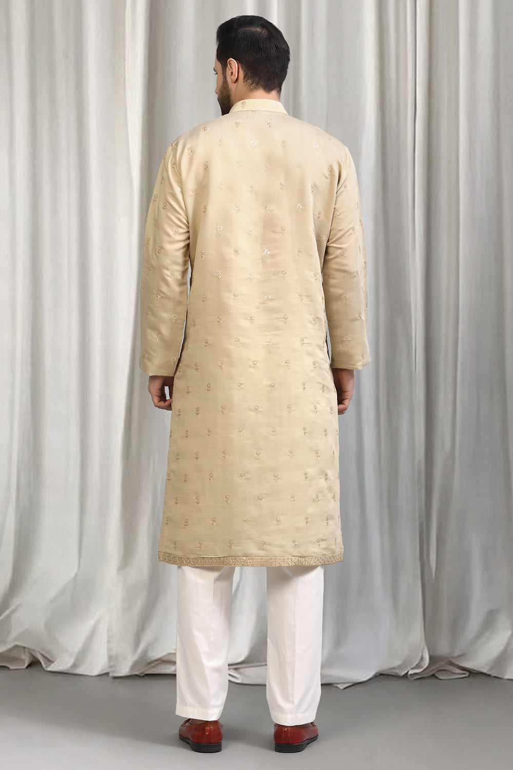 Beige Buta  Embroidered Kurta With Back Elastic Pants