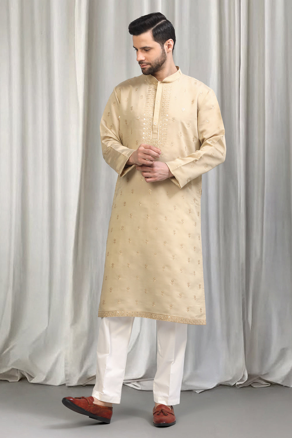 Beige Buta  Embroidered Kurta With Back Elastic Pants