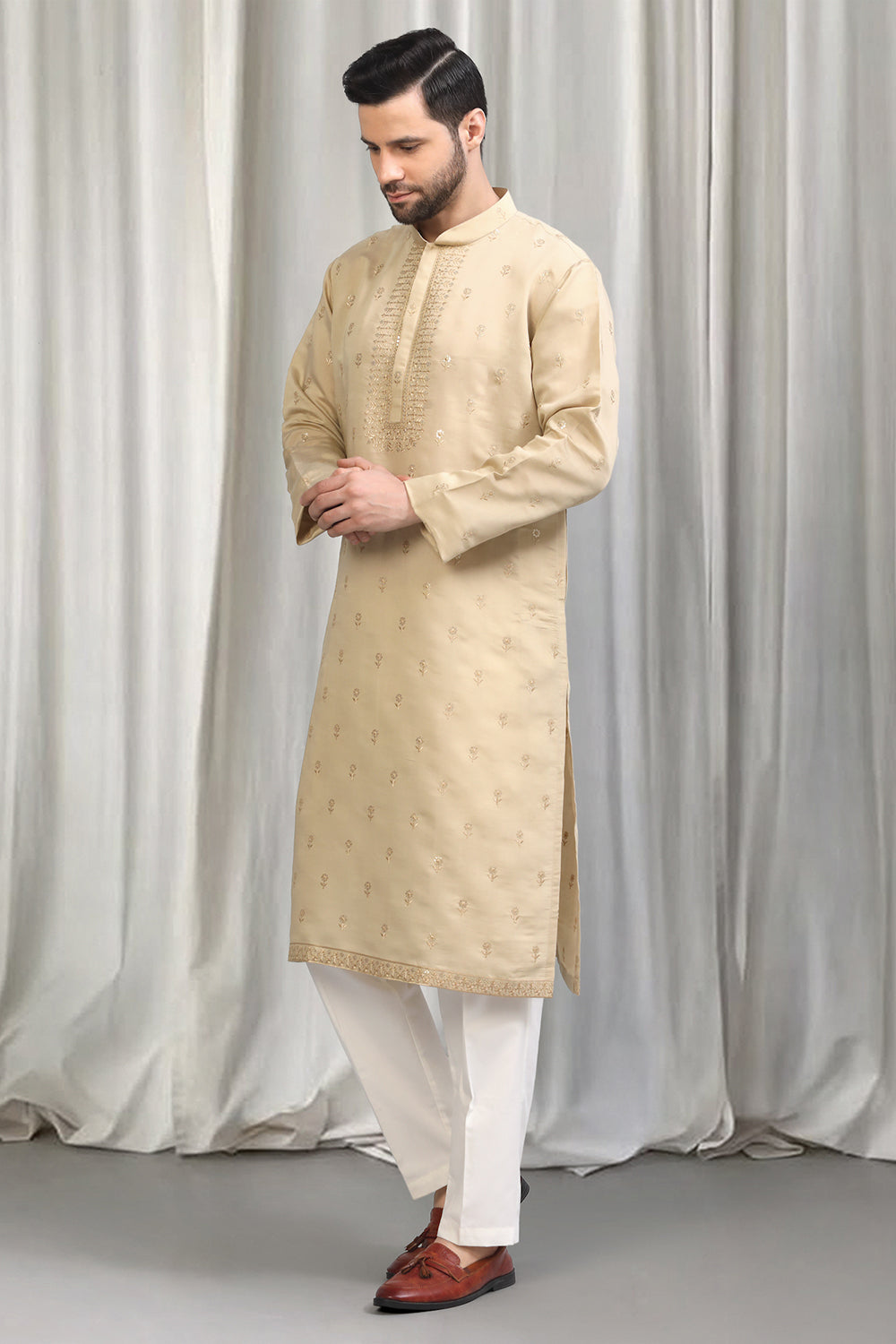 Beige Buta  Embroidered Kurta With Back Elastic Pants