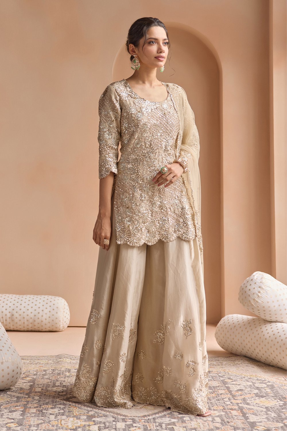 Beige Champage Tissue Sharara Set