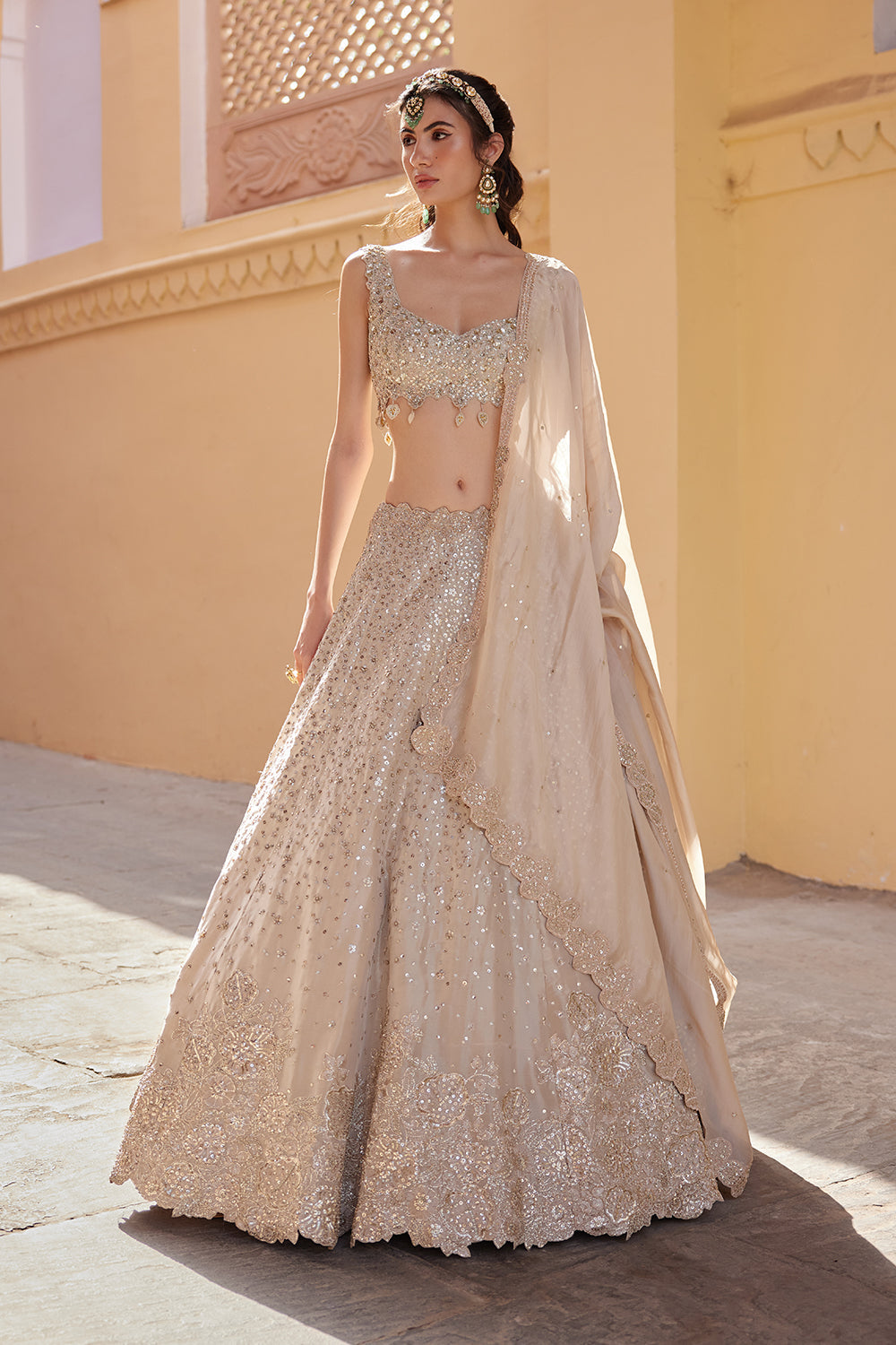 Beige Champagne Embroidered Lehenga