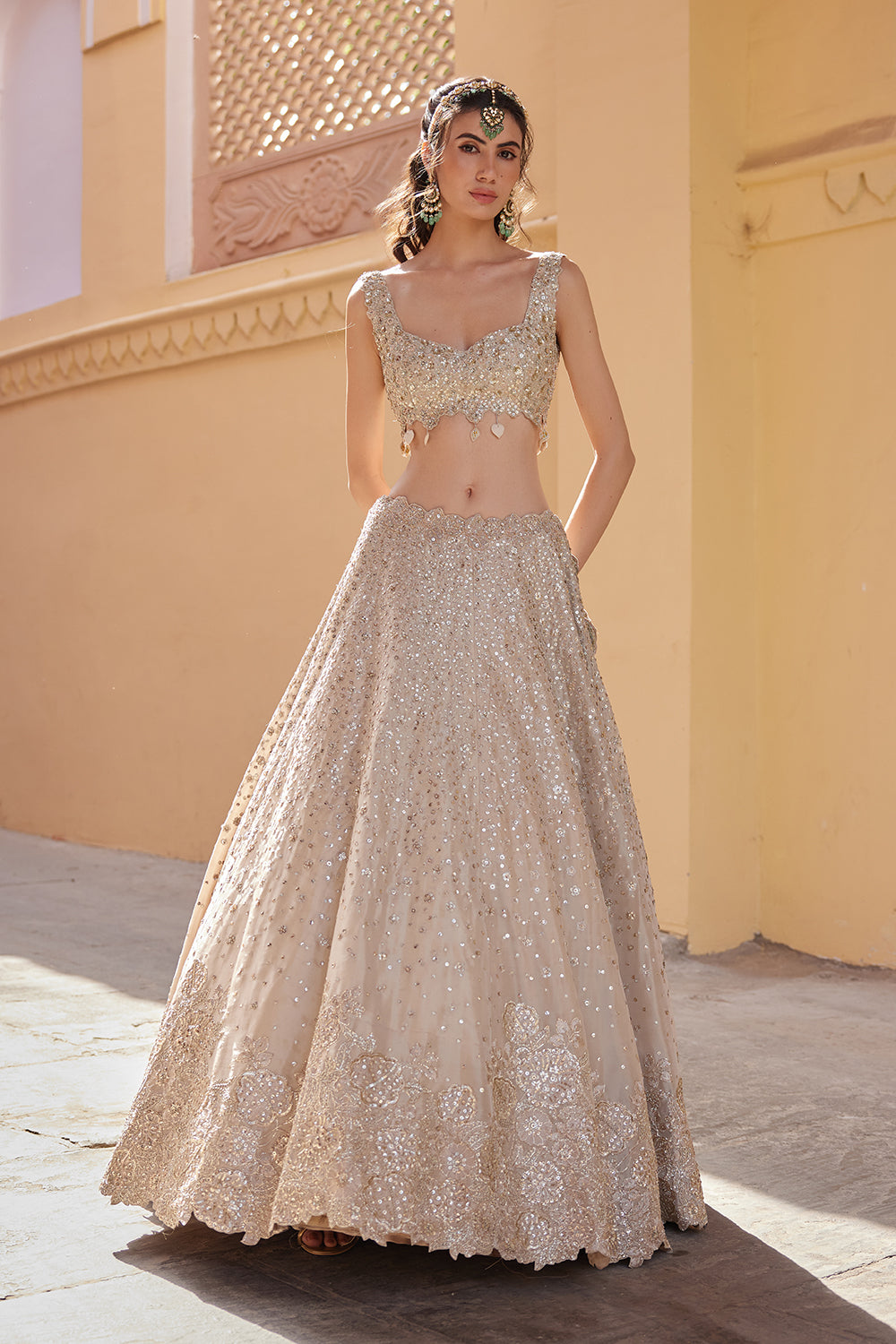 Beige Champagne Embroidered Lehenga
