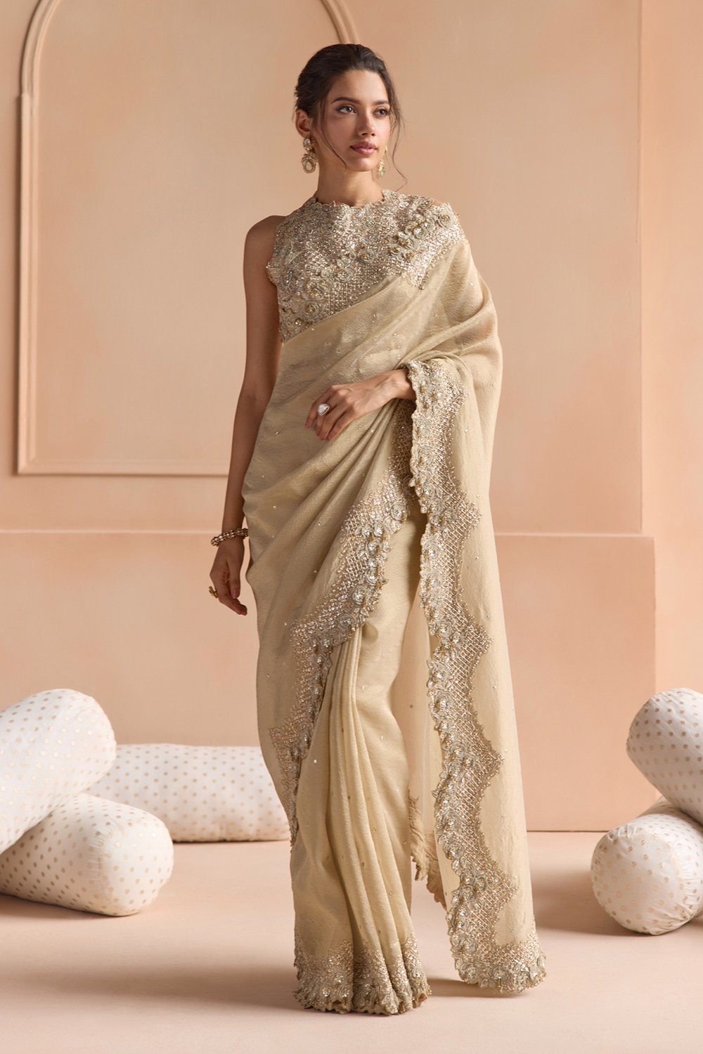 Beige Champagne Tissue Saree Set