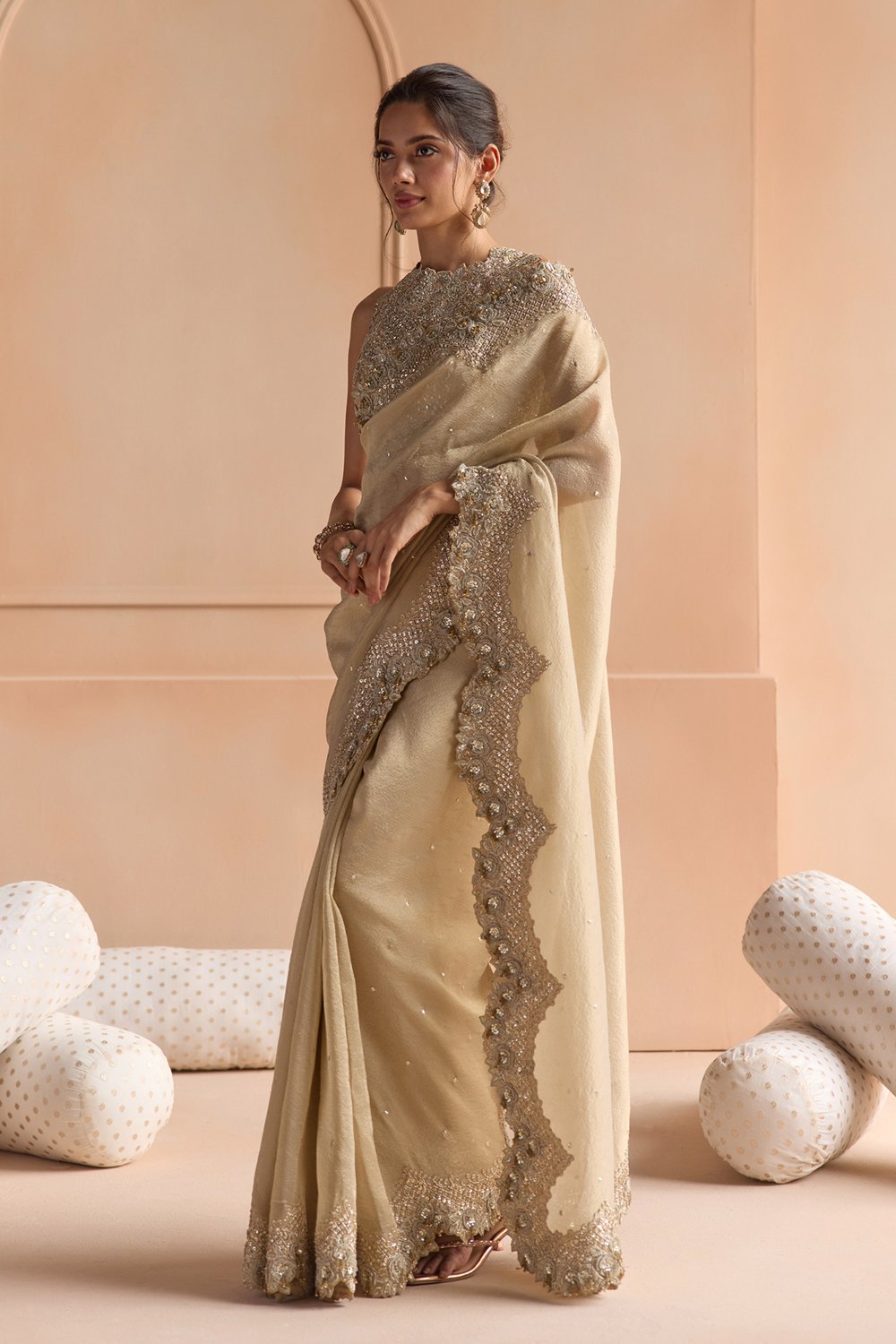 Beige Champagne Tissue Saree Set