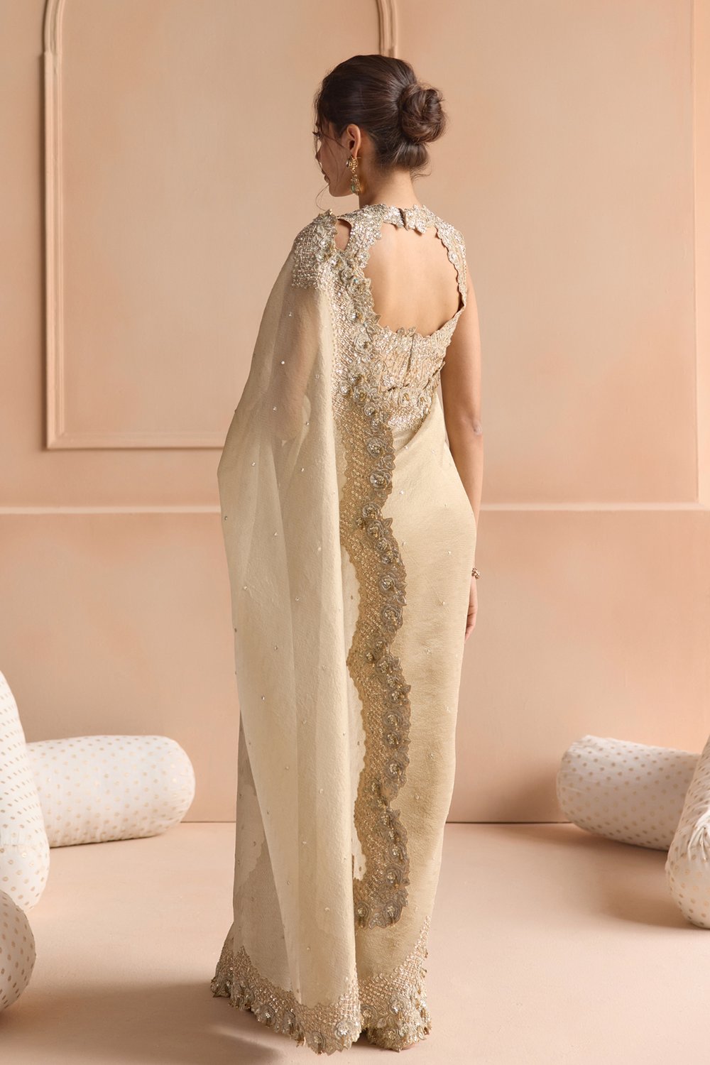 Beige Champagne Tissue Saree Set