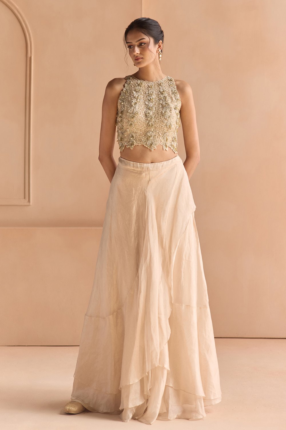 Beige Champagne Waterfall Skirt Set