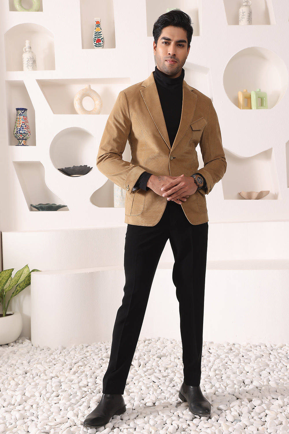 Beige Corduroy Blazer with patch pockets and thread details