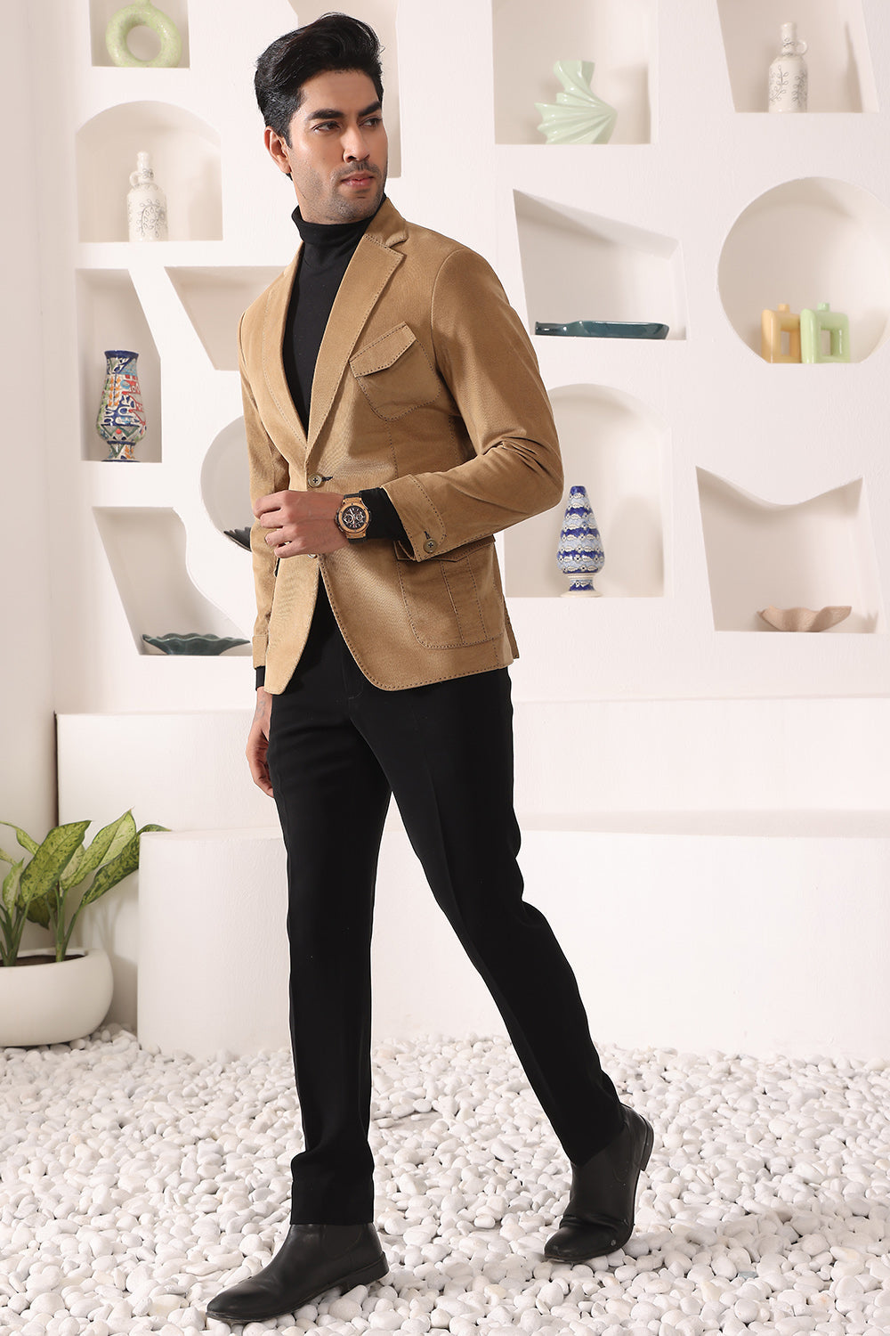 Beige Corduroy Blazer with patch pockets and thread details