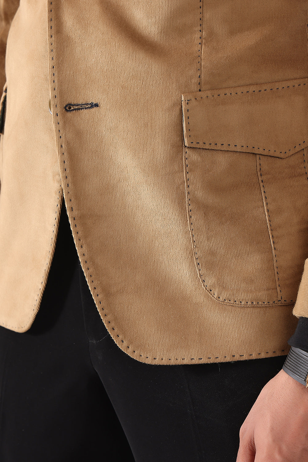 Beige Corduroy Blazer with patch pockets and thread details