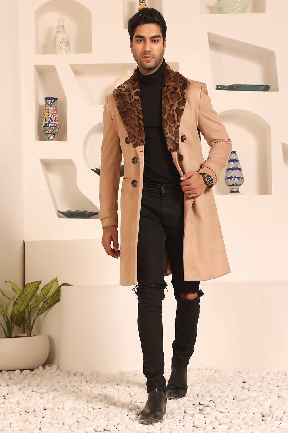 Beige Double Breasted Overcoat with Furr Lapel and Collar